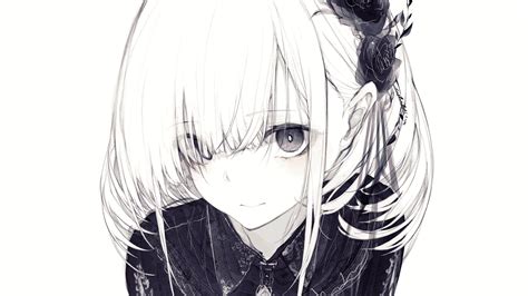 Wallpaper : anime girls, simple background, looking at viewer, monochrome, white hair, lace ...