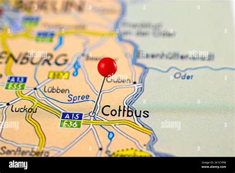 Cottbus map. Close up of Cottbus map with red pin. Map with red pin ...