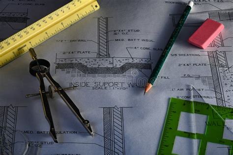 Drafting Tools on Hand Drawn Architectural Plans Stock Image - Image of ...