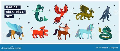 Magical Creatures Set. Mythological Animals. Flat Style Vector ...