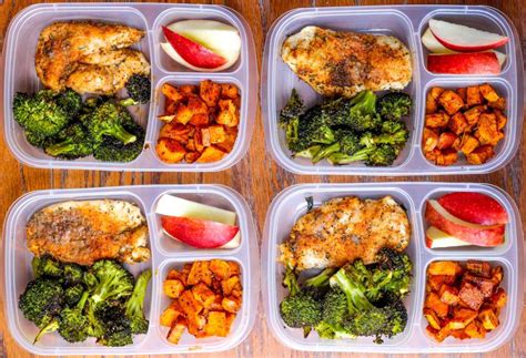 Meal Prep Lunch Bowls with Spicy Chicken, Roasted Lemon Broccoli, and Caramelized Sweet Potatoes ...