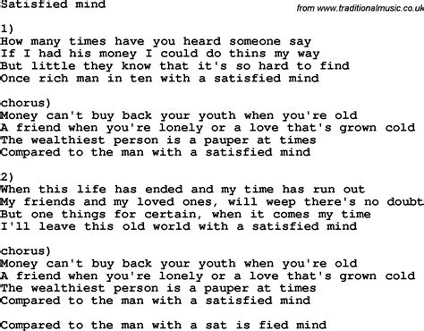 Country, Southern and Bluegrass Gospel Song Satisfied Mind lyrics