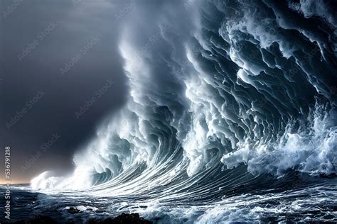 Giant tsunami waves, dark stormy sky. Perfect Storm. Huge waves Tsunami Big waves. Stock ...