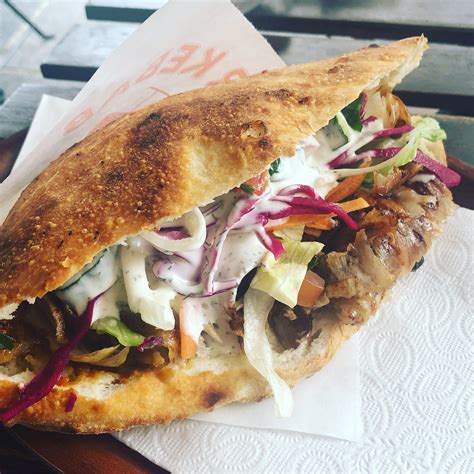 Turkish/German doner kebab sandwich on homemade bread with chilli and garlic sauce (From Tonbul ...