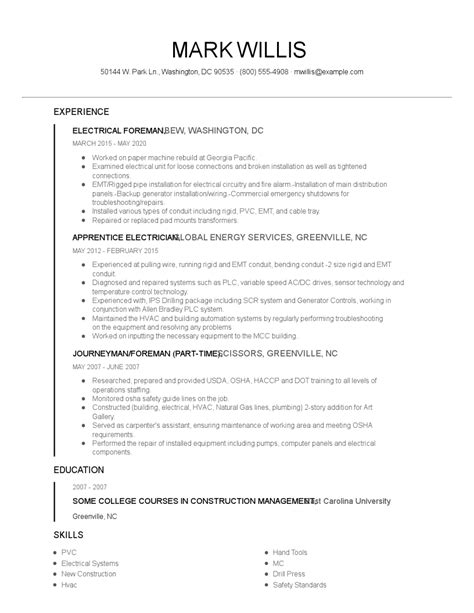 Electrical Foreman Resume Examples and Tips - Zippia