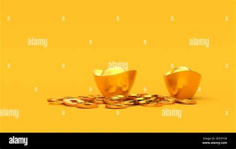 Falling Chinese lucky golden 3d coins on the ingots. Yellow color ...