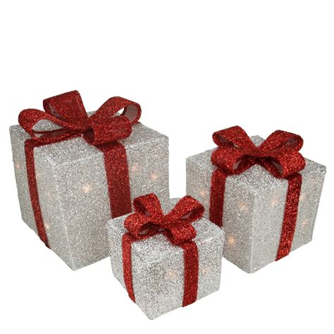 Set of 3 Silver Tinsel Lighted Gift Boxes with Red Bows Outdoor ...