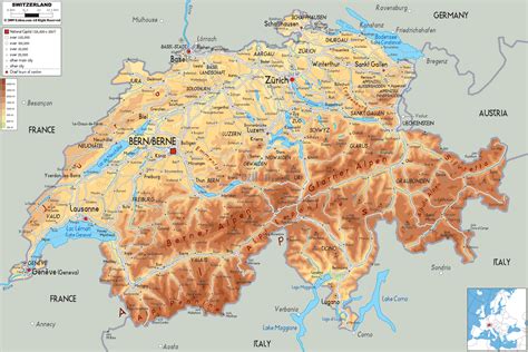 Physical Map of Switzerland - Ezilon Maps