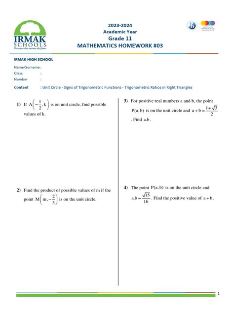 HOMEWORK #03 - Unit Circle - Trigonometric Ratios in Right Triangle | PDF | Trigonometric ...