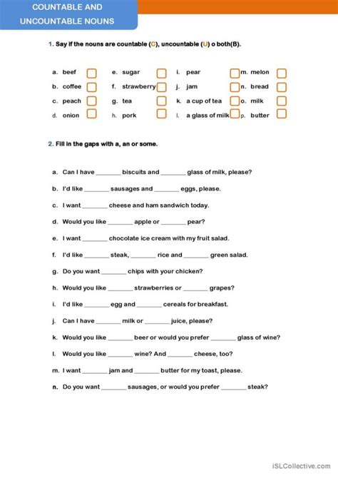 Countable and Uncountable Nouns Work…: English ESL worksheets pdf & doc