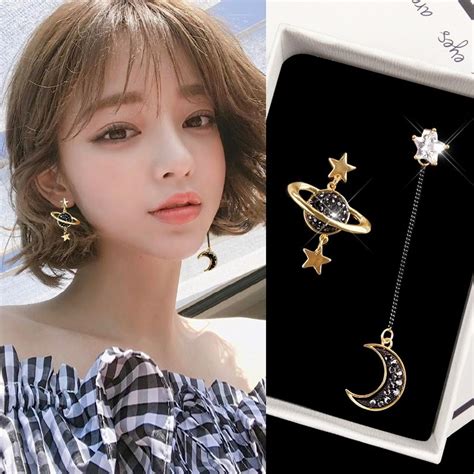 New Asymmetrical Star Moon Earrings Women Fashion Korean Temperament Earrings Long Personality ...