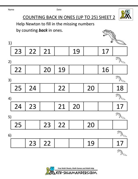 free printable kindergarten math sheets counting back in 1s to 25 2 | First grade math ...