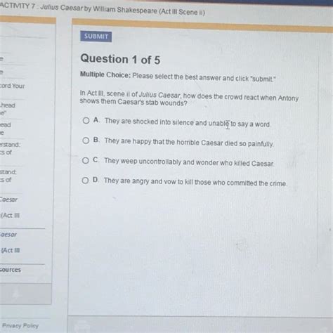 In act 3 scene 2 of Julius Caesar, how does the crowd react when Antony shows them caesars stab ...