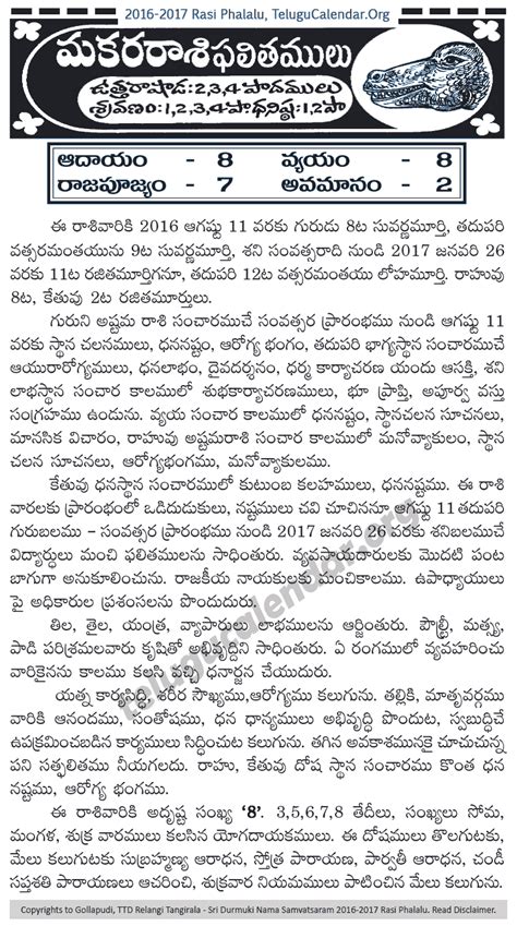 Makara (Capricorn) Rasi Phalalu 2016-2017 Yearly Predictions in Telugu