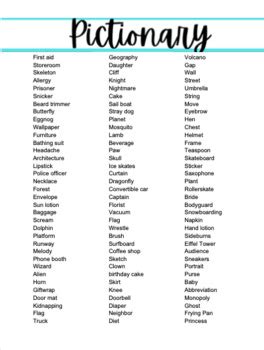 List of Pictionary Words - Middle School by Art Lane | TPT