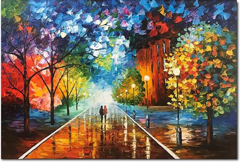 Diathou 24x36 inches 100% Hand Painted Oil Painting Lovers Stroll The Colorful Streets Oil ...