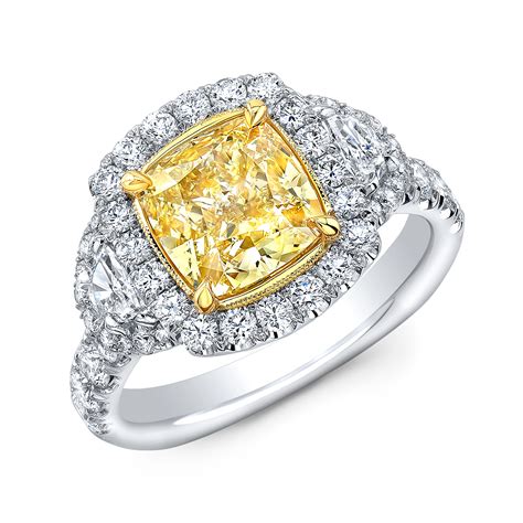 1.9ct. Cushion cut Yellow Diamond Halo Half Moon Side Stones Yellow Canary Diamond Ring (GIA ...