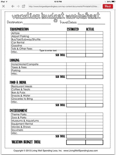 Vacation Spending Budget Worksheet | Budget Vacation