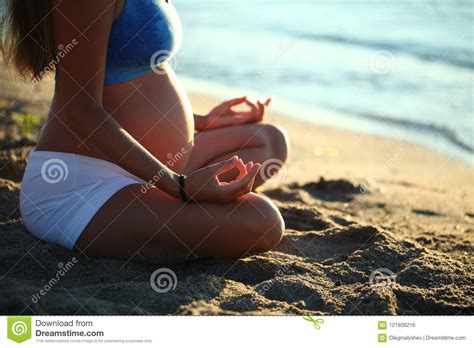 Pregnant Girl Doing Yoga Sand Beach Sea Morning Stock Photo - Image of love, girl: 121806216