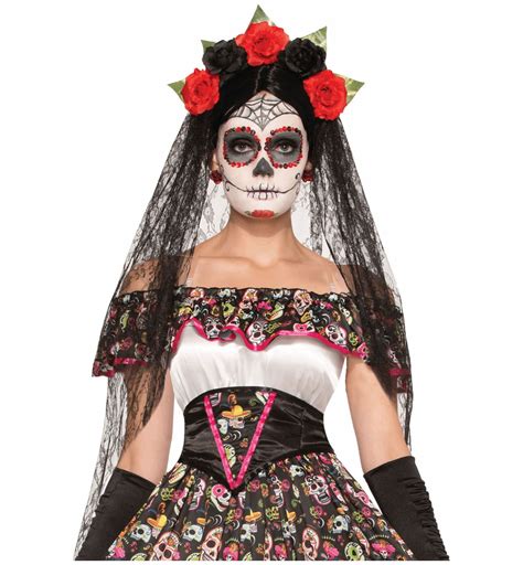 Day Of The Dead Senorita Mexican Skull Women Costume Costume Black Veil ...