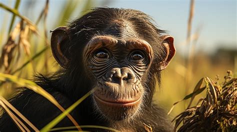 Premium AI Image | portrait of a bonobo sitting in high grass at the lola ya bonobo sanctuary ...