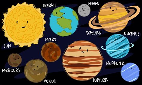 Colorful planets of the solar system in order with lines in space. Cartoon bright planets of the ...