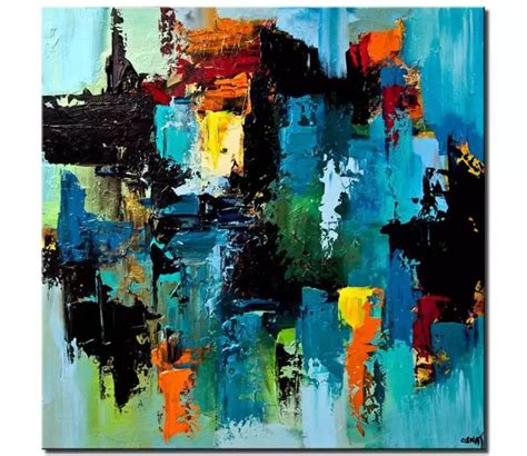 Painting for sale - colorful blue abstract art modern palette knife #7566