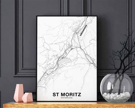 ST MORITZ Switzerland Map Poster Black White Hometown City Print Modern ...