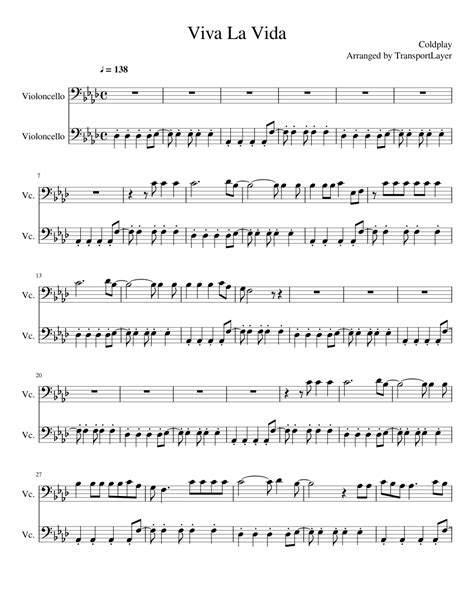 Viva La Vida for Cello Duet Sheet music for Cello (String Duet ...