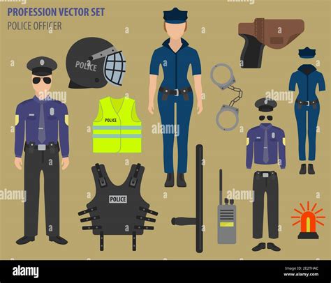 Profession and occupation set. Police officer equipment, uniform flat design icon.Vector ...