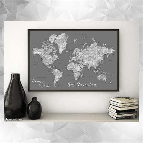 Custom print: world map with cities in gray watercolor and grey background. "Asher ...