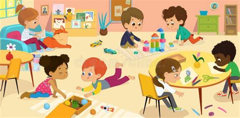 Preschool Class. Vector Illustrations of Children in the Playroom, Boys and Girls Involved in ...