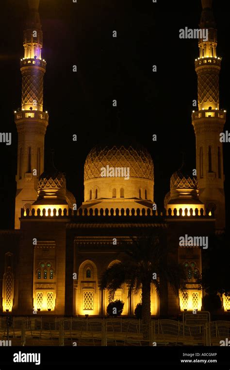 Mosque in Jumeirah Dubai floodlit at night UAE United Arab Emirates ...