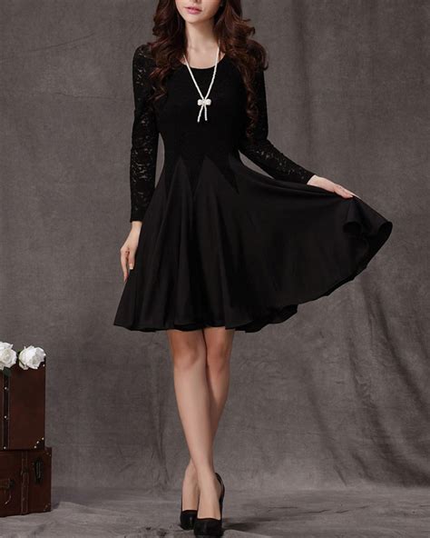 Long Sleeved Black Lace Chiffon Dress / Little Black Dress / Black Fit ...