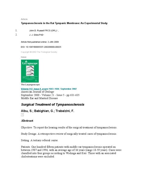 Surgical Treatment of Tympanosclerosis: Tympanosclerosis in The Rat Tympanic Membrane: An ...