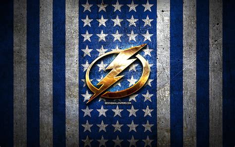 Tampa Bay Lightning flag, NHL, blue white metal background, american ...