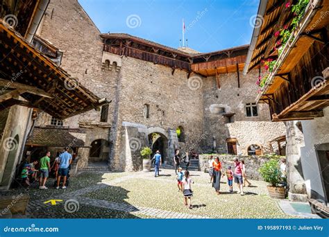 Tourists in a Courtyard Inside Chillon Castle in Switzerland Editorial ...