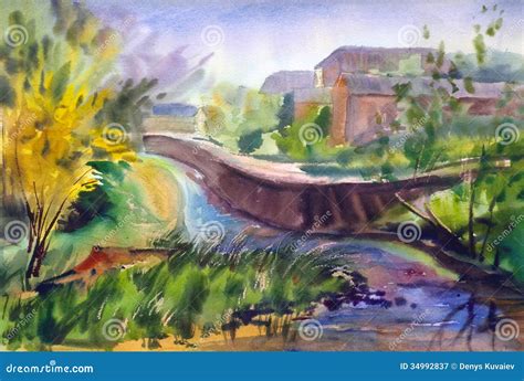 Watercolor Painting Landscape Stock Illustration - Illustration of ...