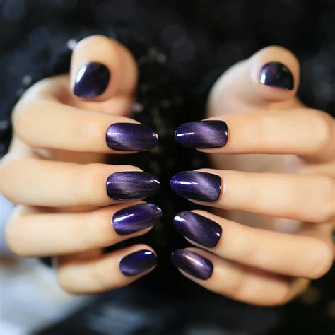 Fashion Oval Top Acrylic Fake Nails Black Gradient Purple Cat Eye Design Nails For Finger ...