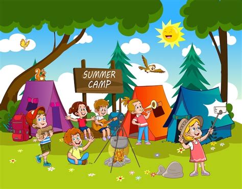 Premium Vector | Happy kids by bonfire in summer camp - kids taking camping selfie - vector ...