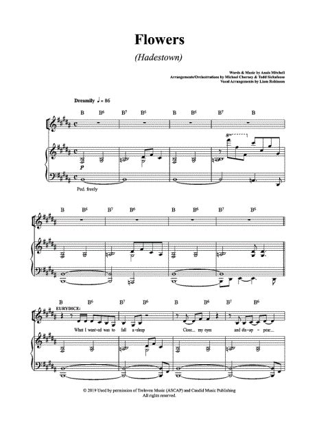 "Flowers" from 'Hadestown' Sheet Music in B Major - Download & Print - SKU: MN0234418