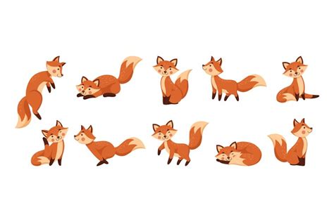 Cute cartoon fox, forest characters. Funny red animals, oran