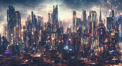 majestic cyberpunk city landscape, high definition, | Stable Diffusion