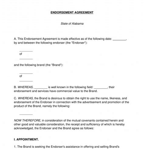 Endorsement Agreement - FREE - Template - Word and PDF