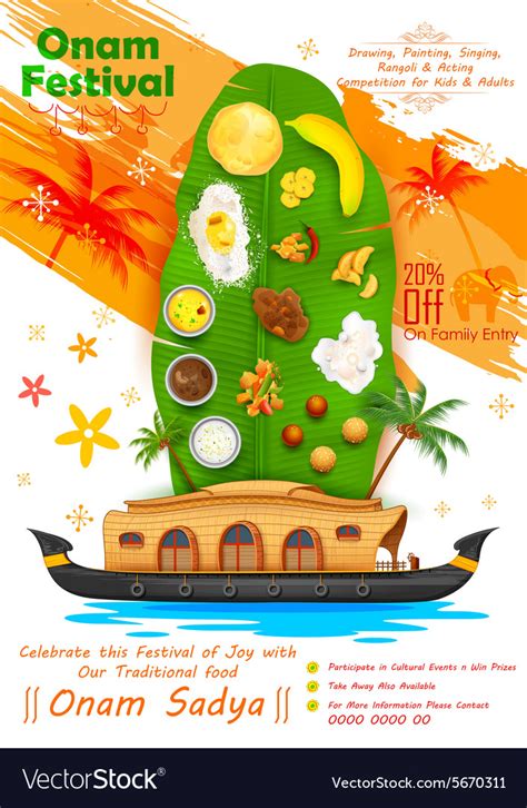 Onam feast on banana leaf Royalty Free Vector Image