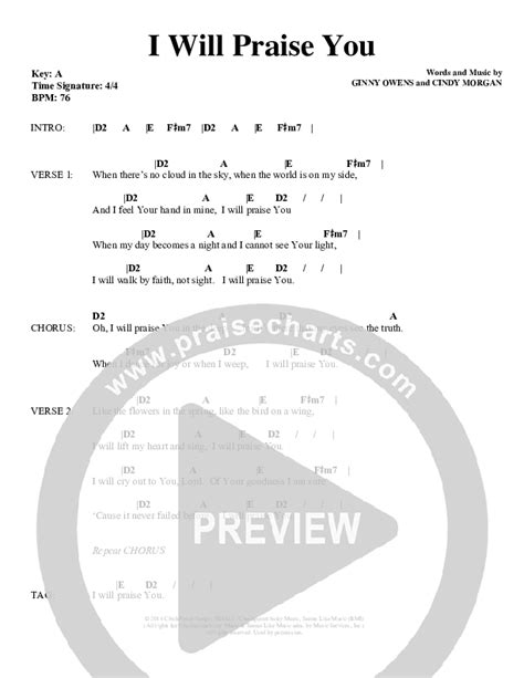 I Will Praise You Chords PDF (Ginny Owens) - PraiseCharts