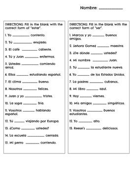 Ser/Estar Practice Worksheet by Abigail Rains | Teachers Pay Teachers