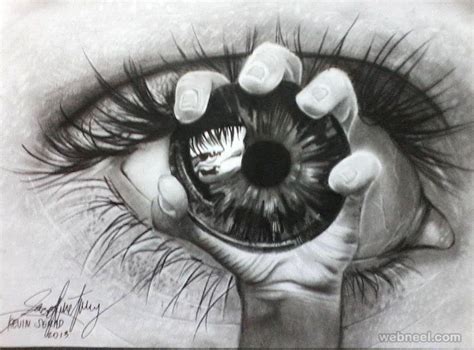 a pencil drawing of an eye with long eyelashes and hands holding it up ...