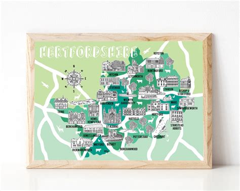 Hertfordshire Map, Illustrated Map, Hertfordshire Gifts, Map of Hertfordshire, Hertfordshire Art ...