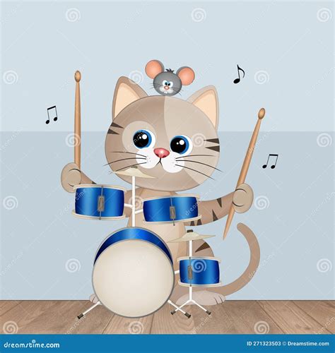 Illustration of Cat Playing the Drums Stock Illustration - Illustration of paws, mouse: 271323503